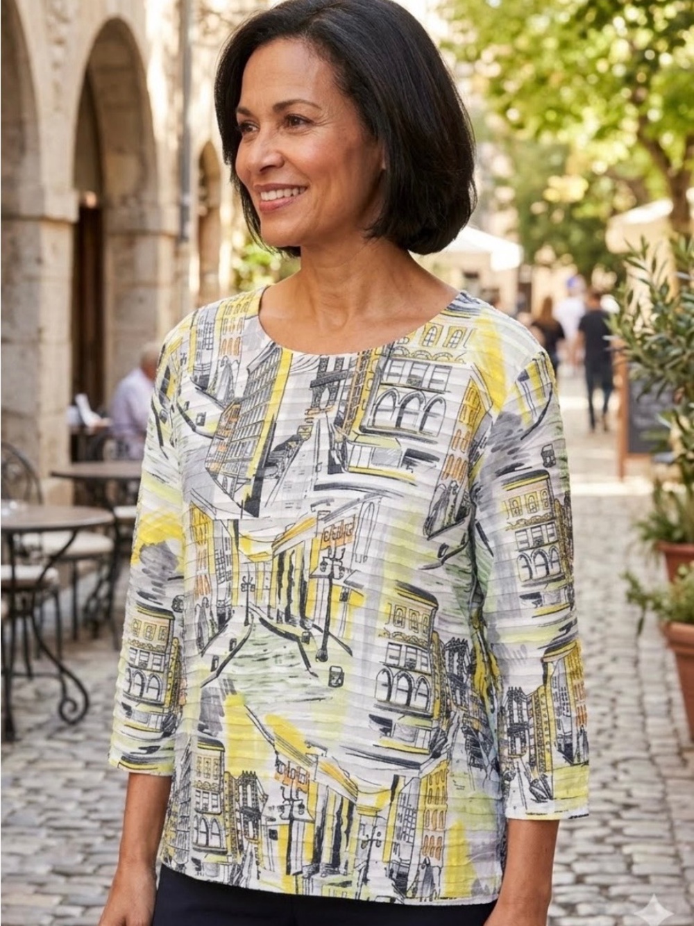 Alfred Dunner Yellow, Gray & White Printed Scoop Neck Top